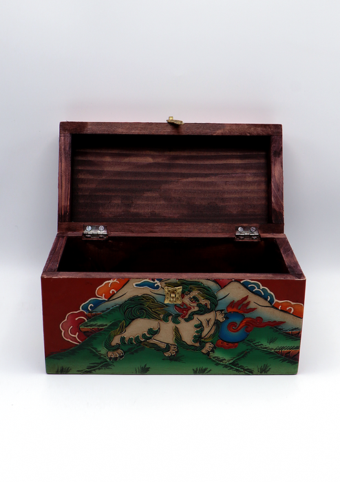 Handpainted Tibetan Snow Lion Wooden Box 10"