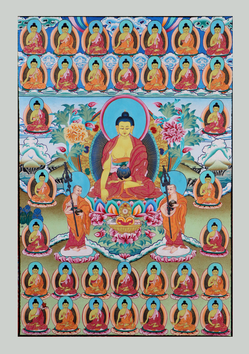 Shakyamuni Buddha with 34 Buddha Brocade Thangka Painting