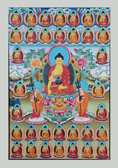 Shakyamuni Buddha with 34 Buddha Brocade Thangka Painting