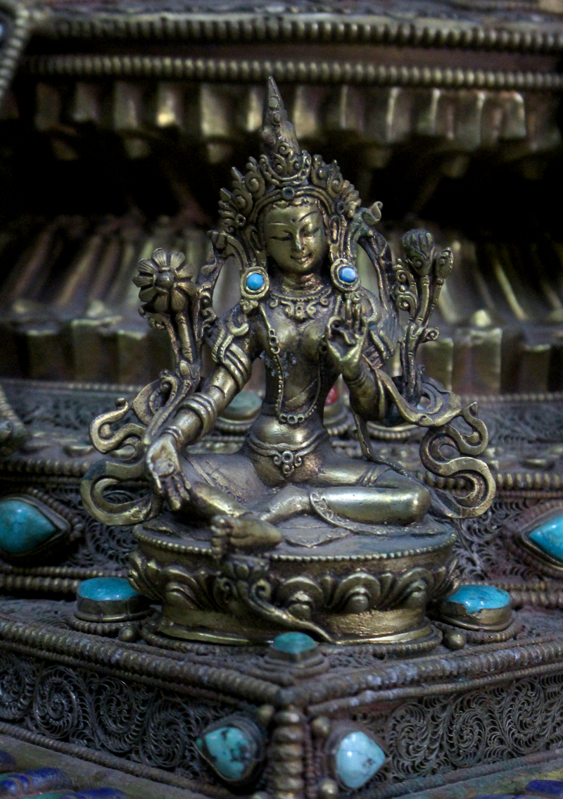 Elephant Guardian Serenity: Five Buddha Crystal Stupa Bowl Enhanced with Turquoise, Coral, and Lapis Lazuli Stones