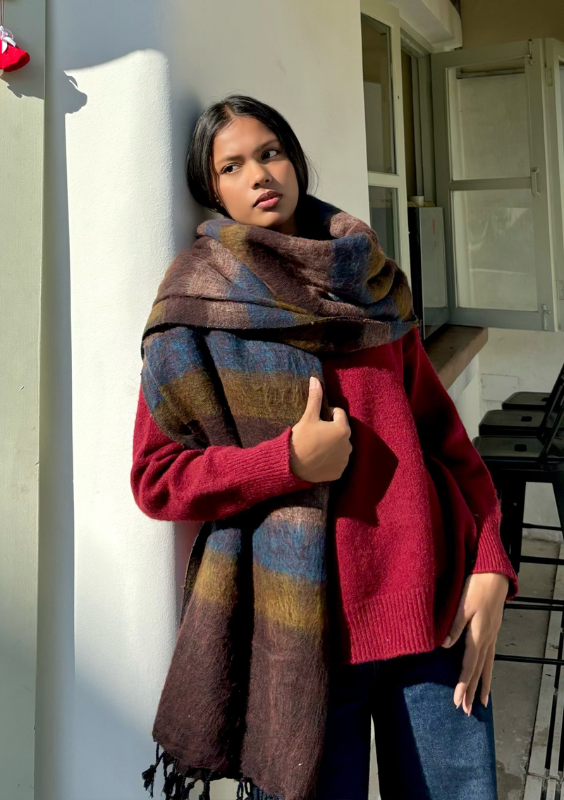 Brown Blue Stripe Yak Wool Meditation and Yoga Blanket