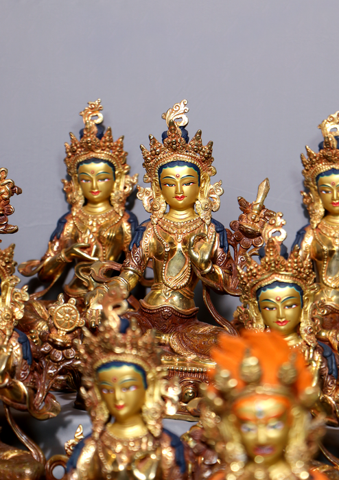 21 Tara Set Partly Goldplated Copper Statue 9" H
