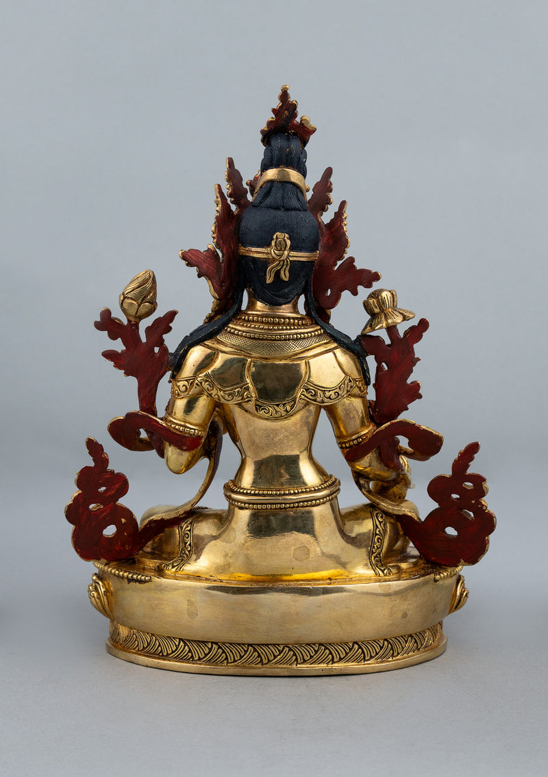 Fully Gold Plated Green Tara Statue with Stone Inlays 9.5"H
