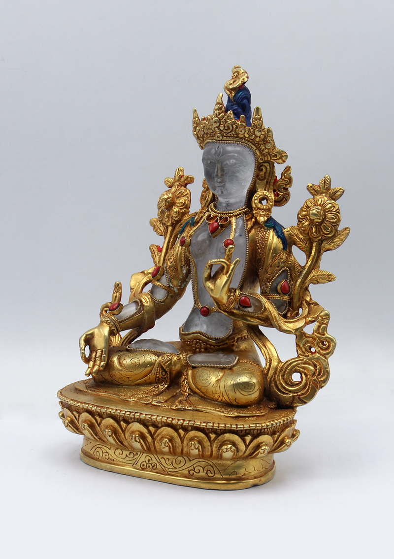 Crystal Gold Plated White Tara Statue 8.5"H