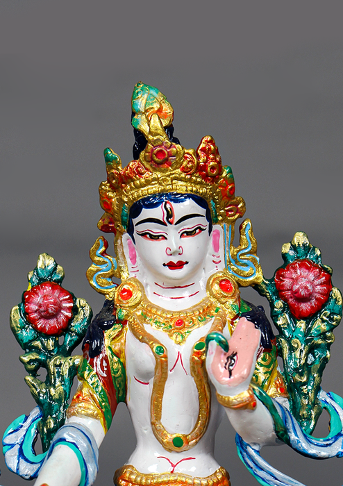 Handpainted White Tara Copper Statue 6" H