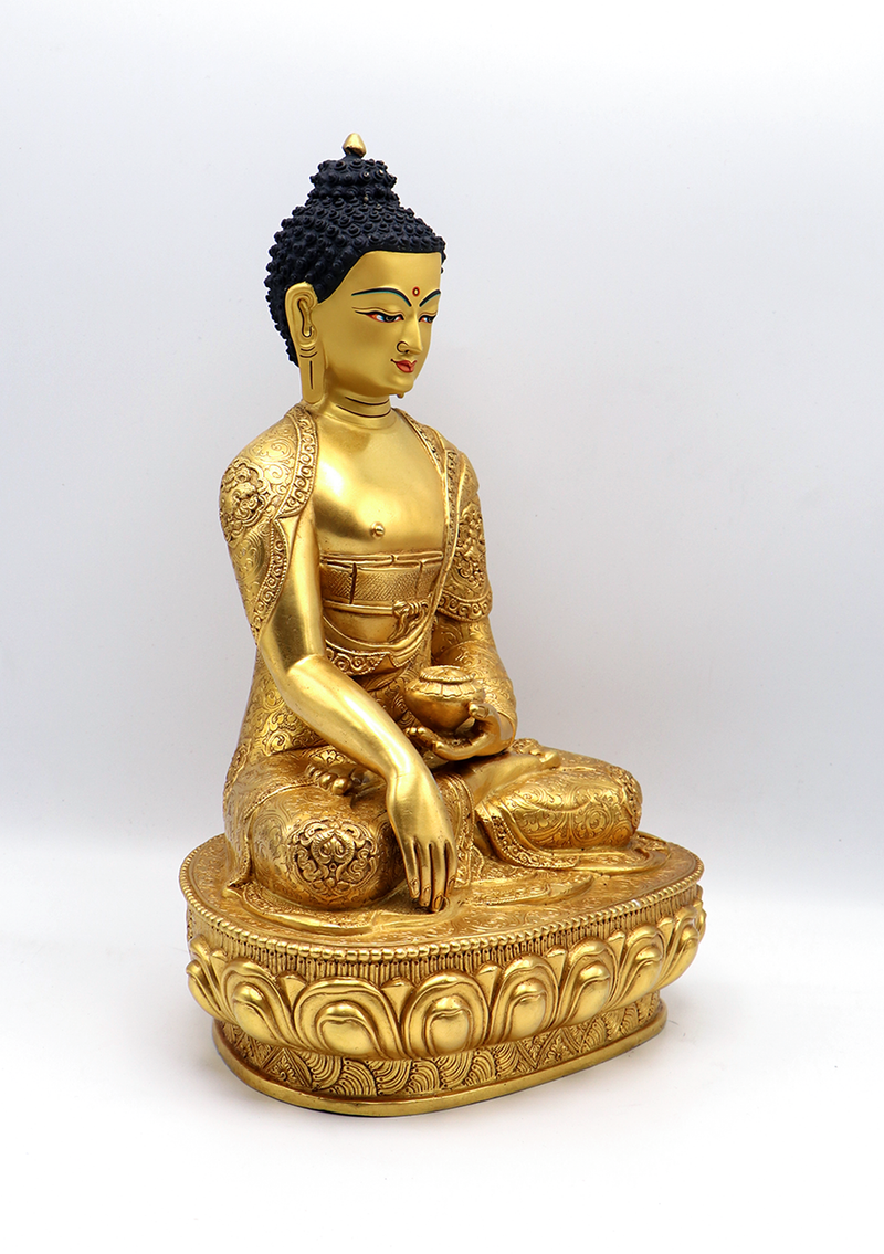Eight Auspicious Symbols Carved Gold Plated Shakyamuni Buddha Statue 13" H