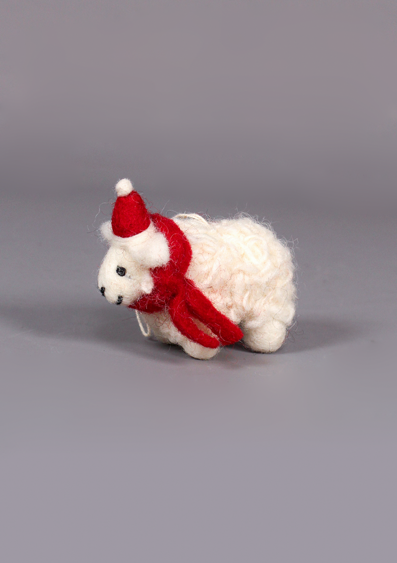 Handmade Felt Sheep with Red Scarf Hanging Decor