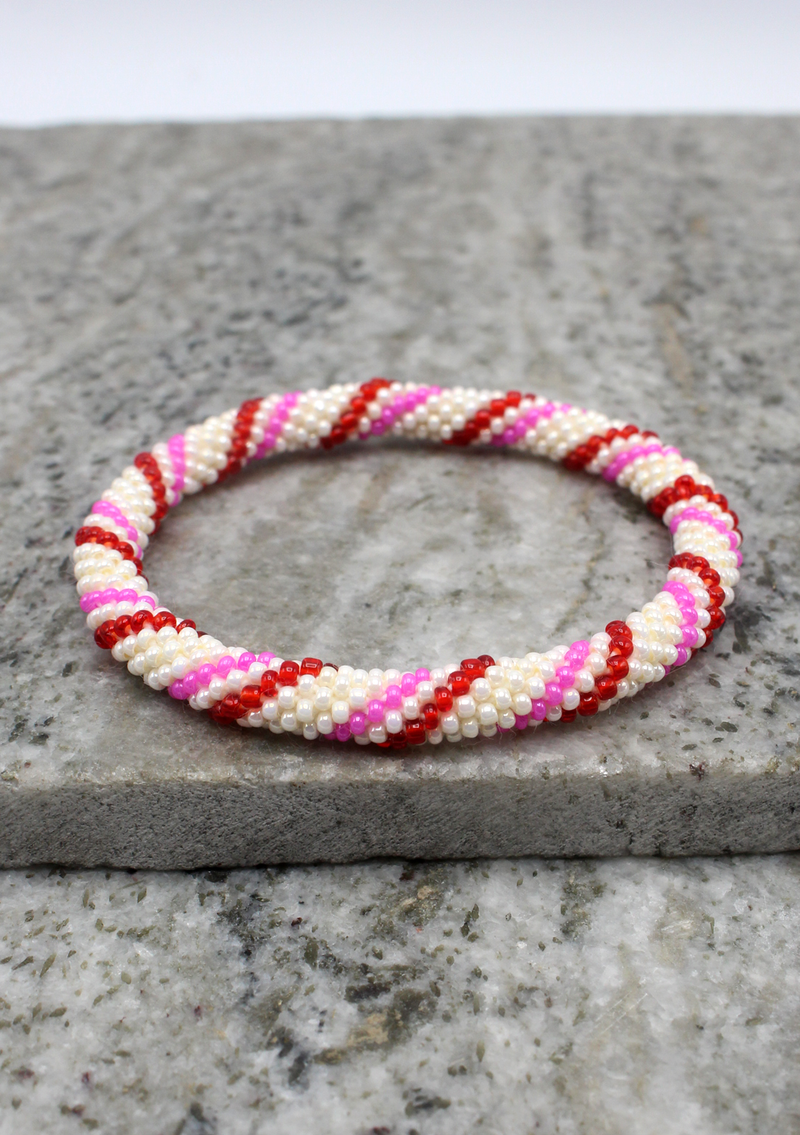 Red White Stripe  Nepalese Roll on  Beads Bracelet