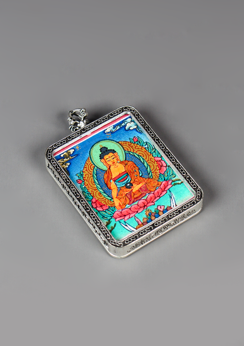 Shakyamuni Mini Thangka Amulet Pendant Silver