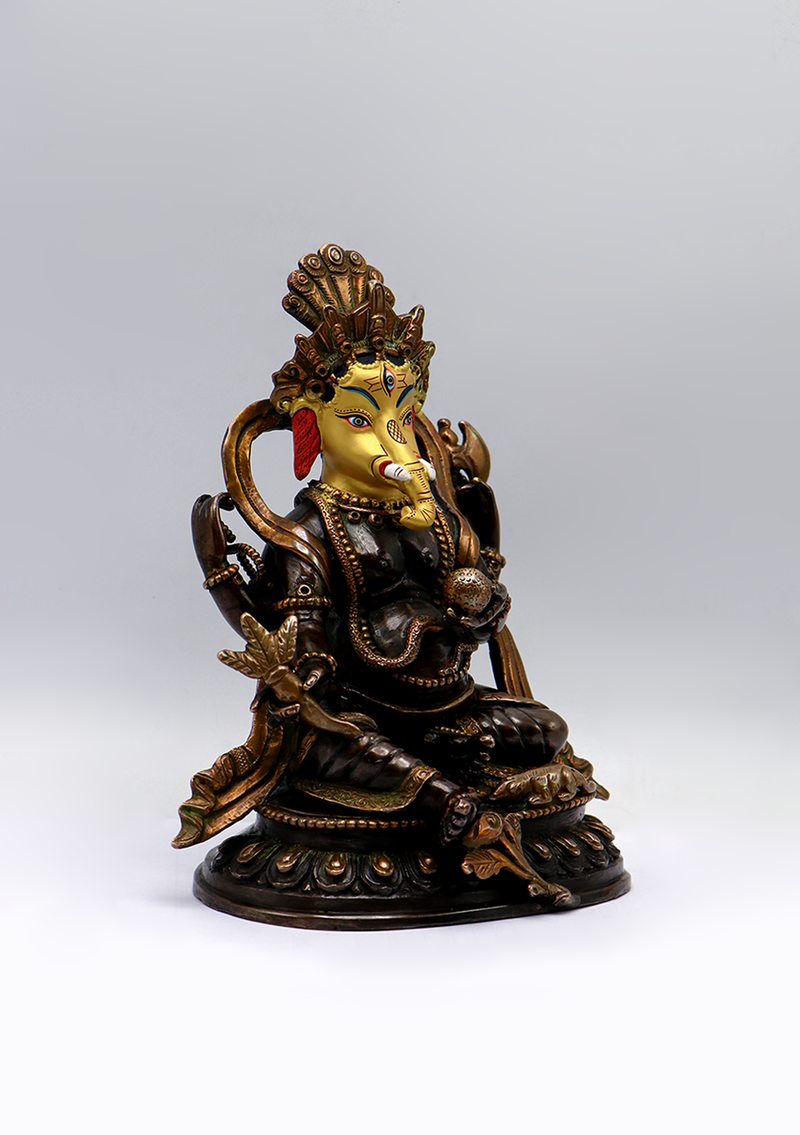 Gold Face Painted Copper Ganesh Statue 7"H