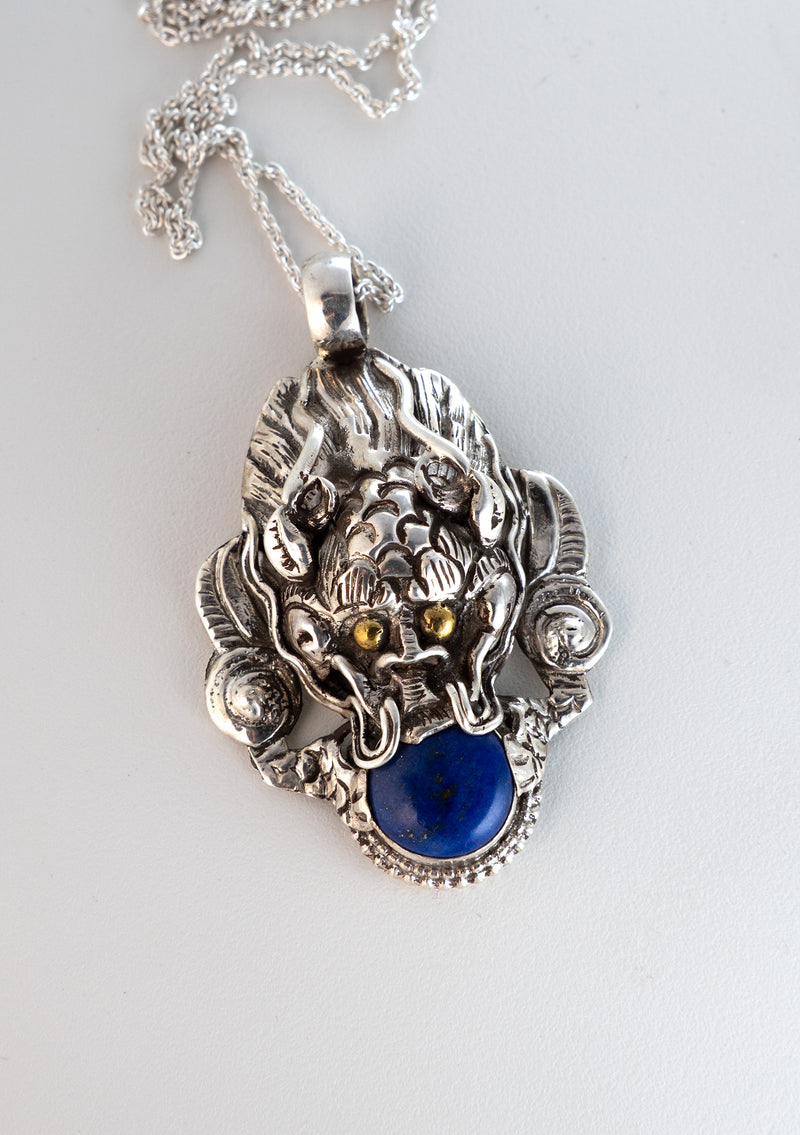 Sterling Silver Lapis Lazuli Dragon Pendant with Chain