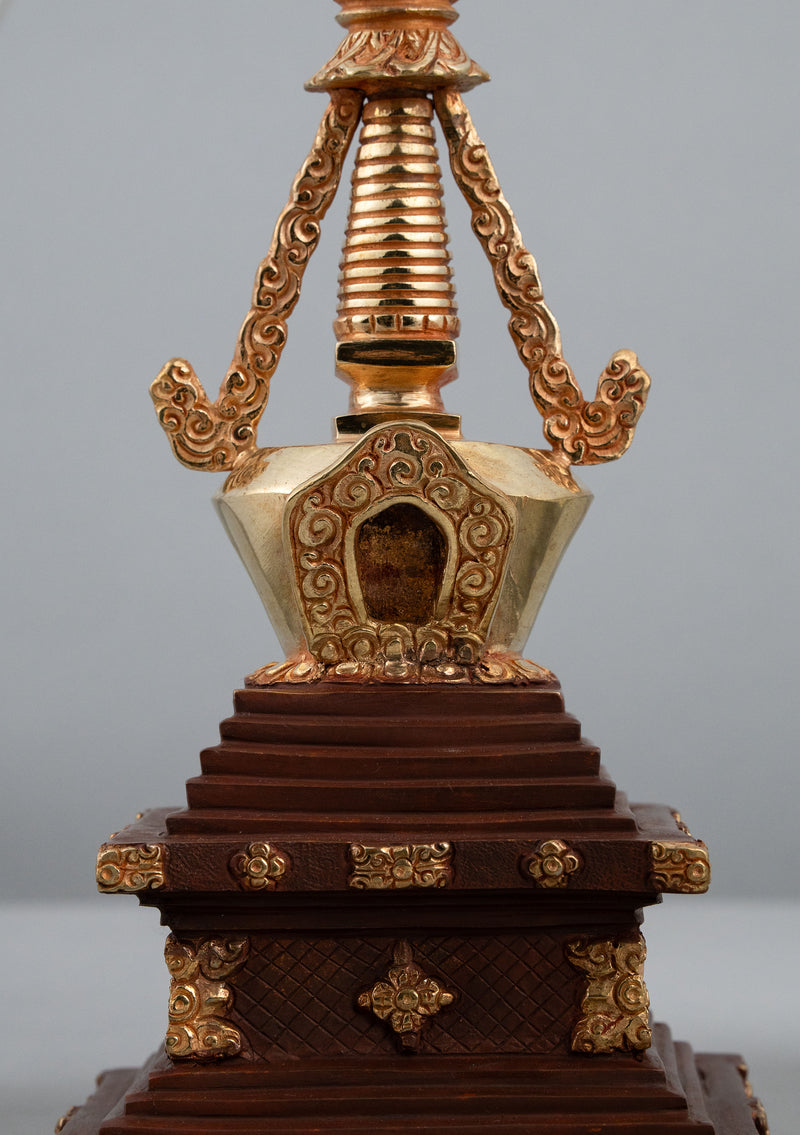 Partly Gold Plated Tibetan Stupa Chorten 9.5" H