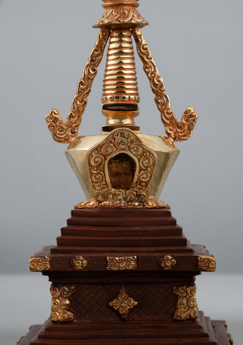 Partly Gold Plated Tibetan Stupa Chorten 9.5" H