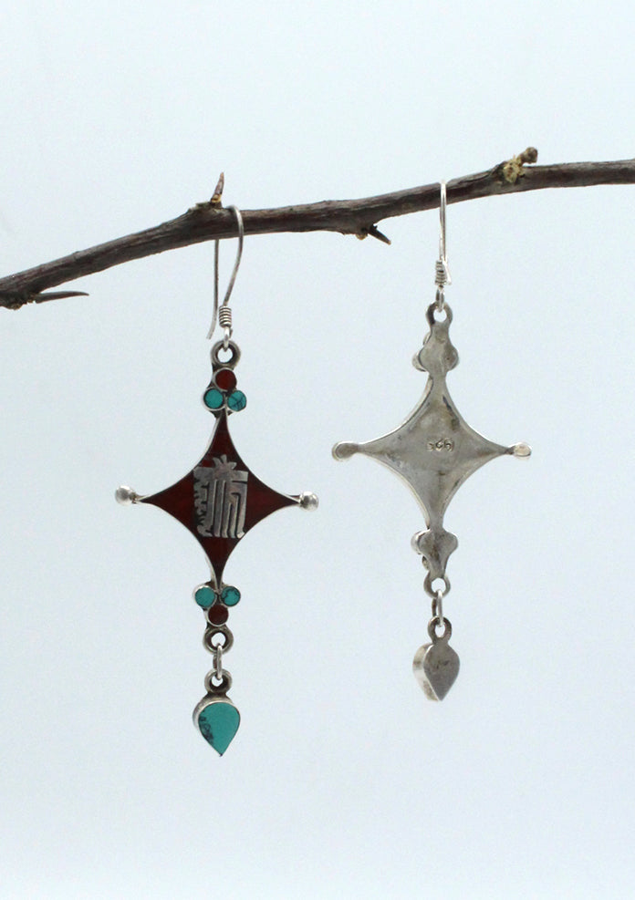 Sterling Silver Star Shaped Kalachakra Earrings with Inlaid Turquoise and Coral