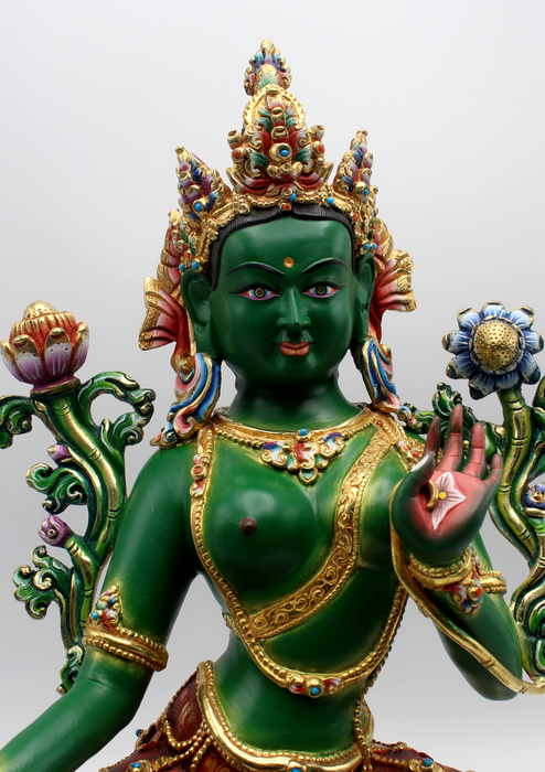 Radiant Gold Jewels Green Tara Sculpture: A Nepali Masterpiece