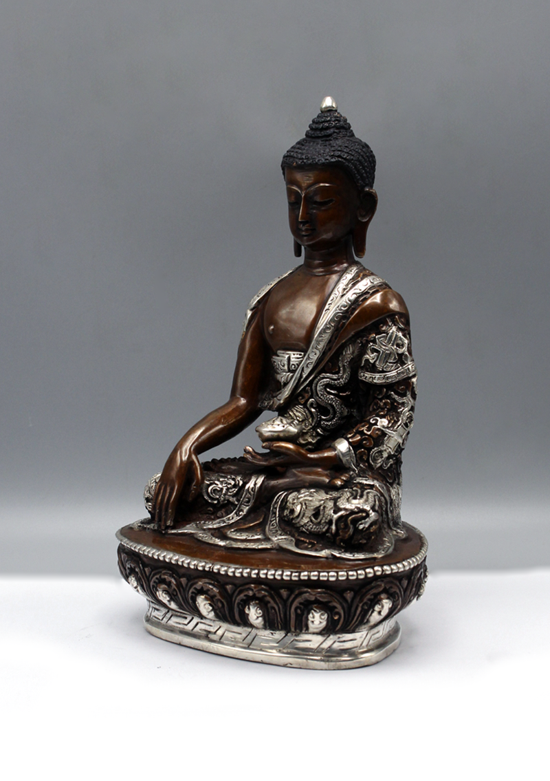 Silver Copper Shakyamuni Buddha Statue 8"H