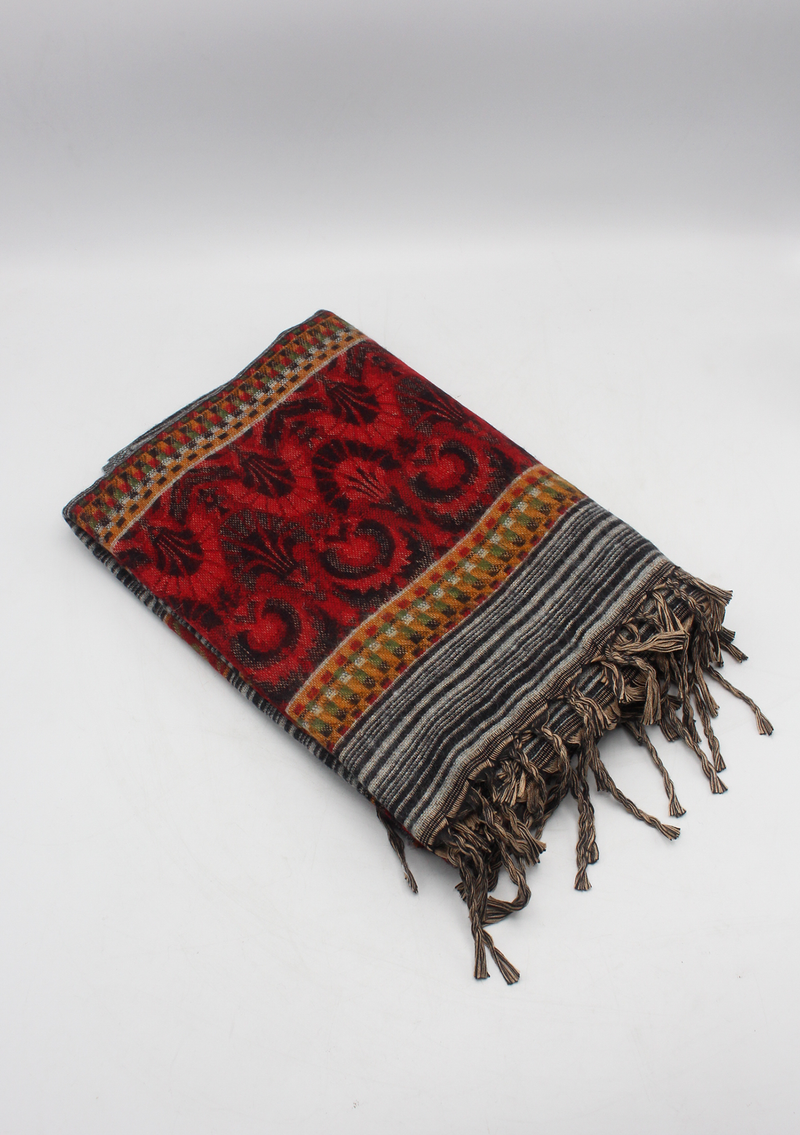 Hand loomed Maroon Blackand White Lined Woolen Shawl Nepal- Saugat