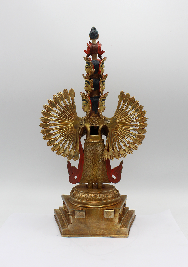 Thousand Arms Bodhisattva Avalokiteshvara Statue Antique Gold Patina 14.5"