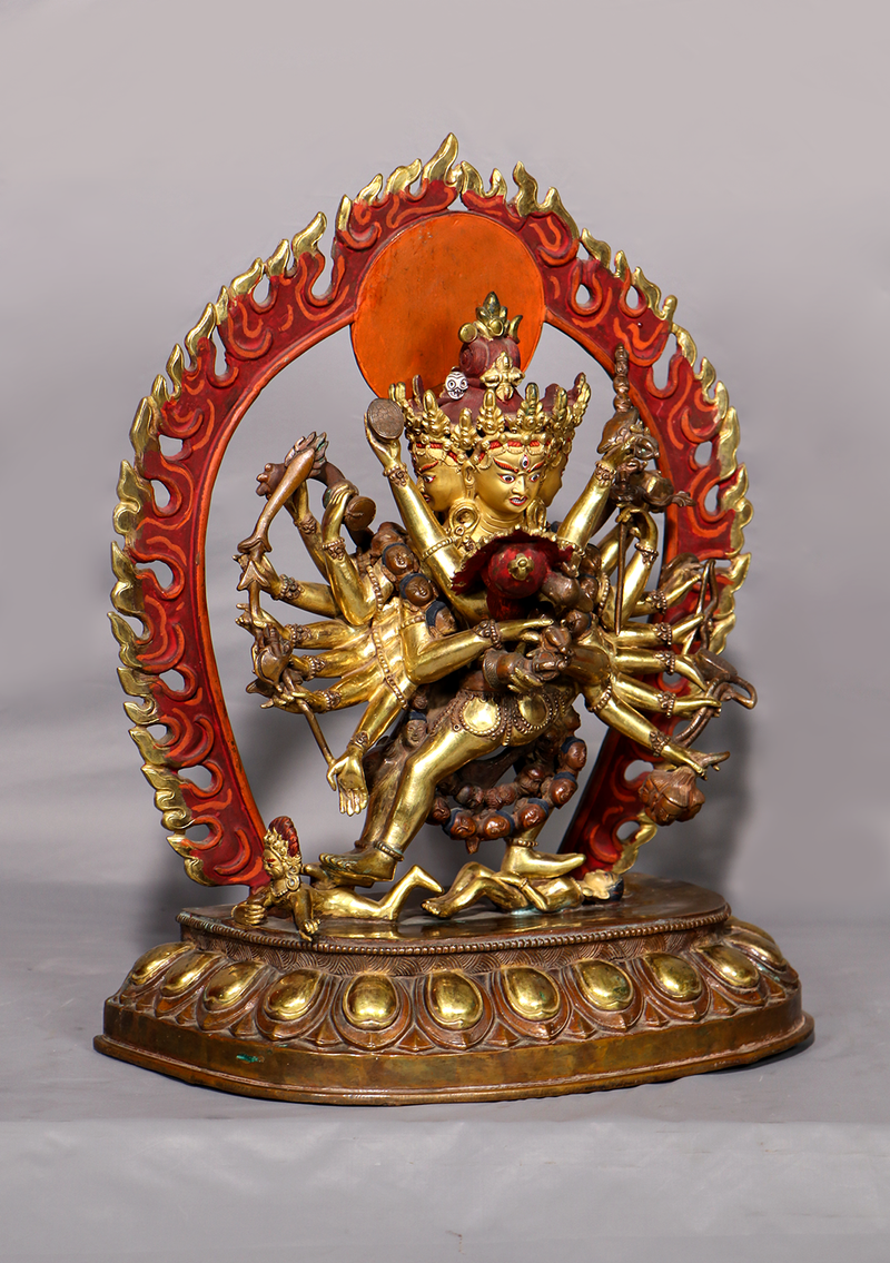 Old Style Gold Gilded Chakrasambhava Statue 14.5"H