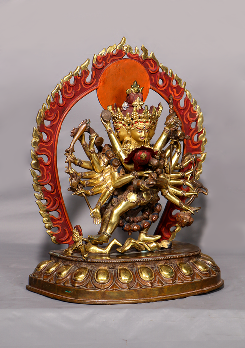 Old Style Gold Gilded Chakrasambhava Statue 14.5"H