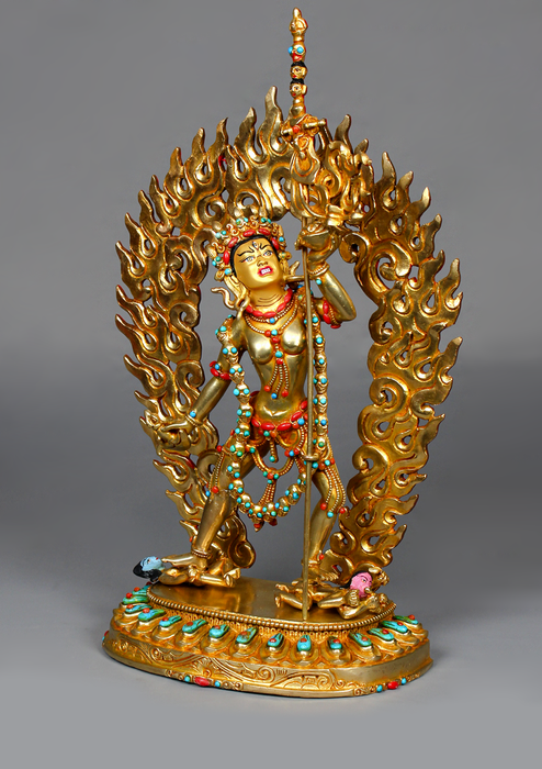 24K Gold-Gilded Vajrayogini Statue with Turquoise & Coral Inlay – 10.5"