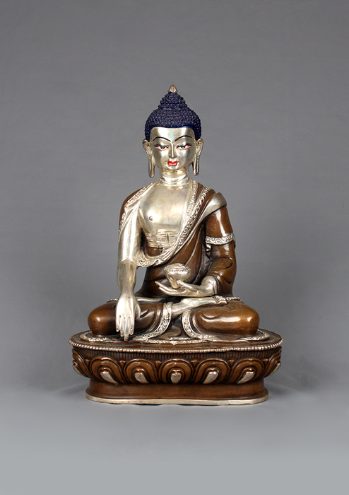 Shakyamuni Buddha Silverplated Copper Statue 8.5"H
