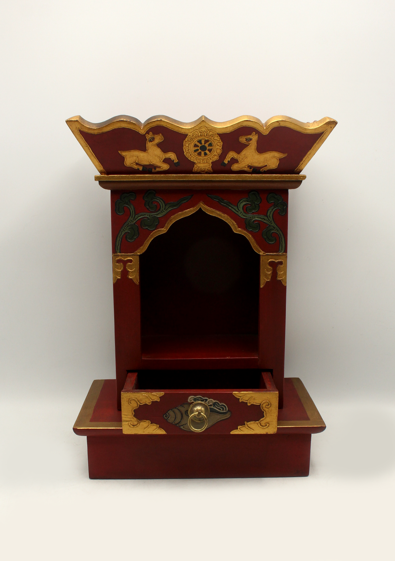 Handpainted Tibetan Wooden Red Shrine with Conch