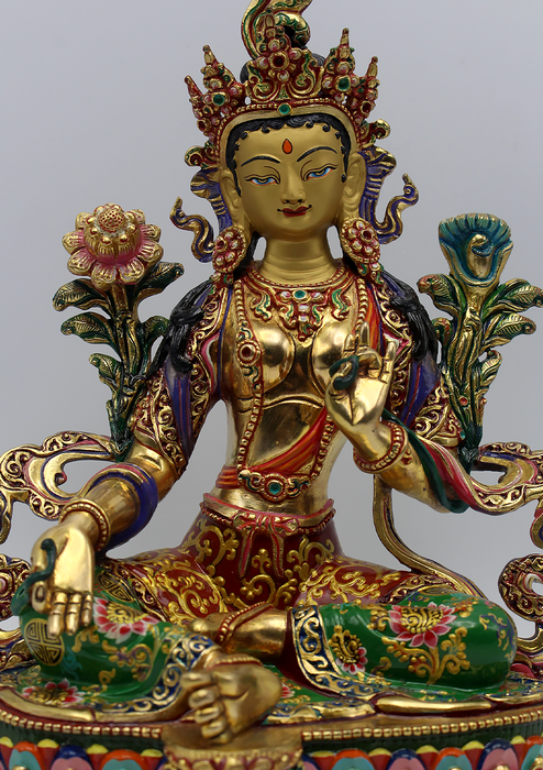 Hand Painted Gold Green Tara Statue 8" H by Meenu Shakya
