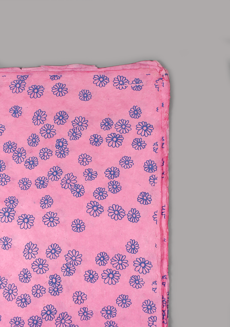 Blue Flower Printed on Pink Background Lokta Paper Gift Wrap