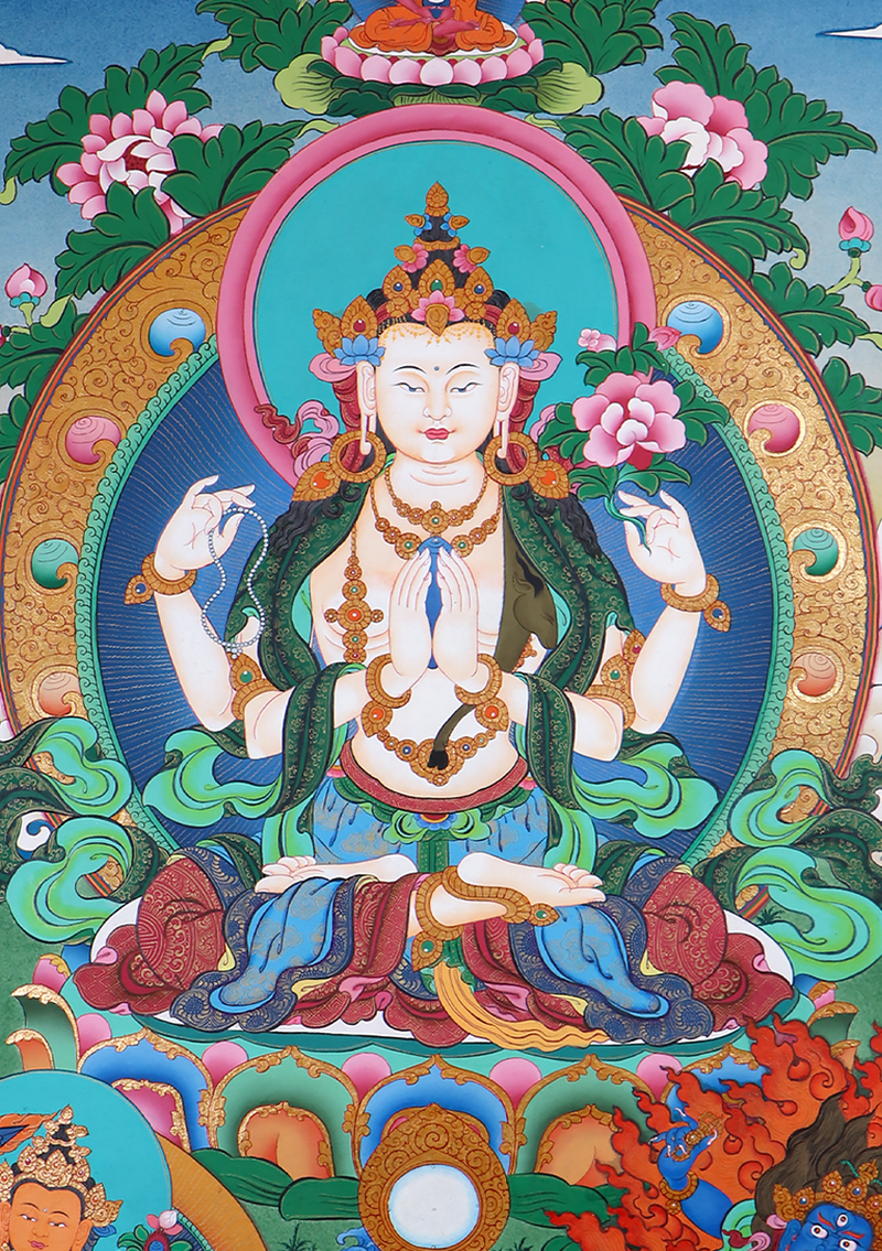 Chenrezig Thangka Painting with Manjushri and Vajrapani