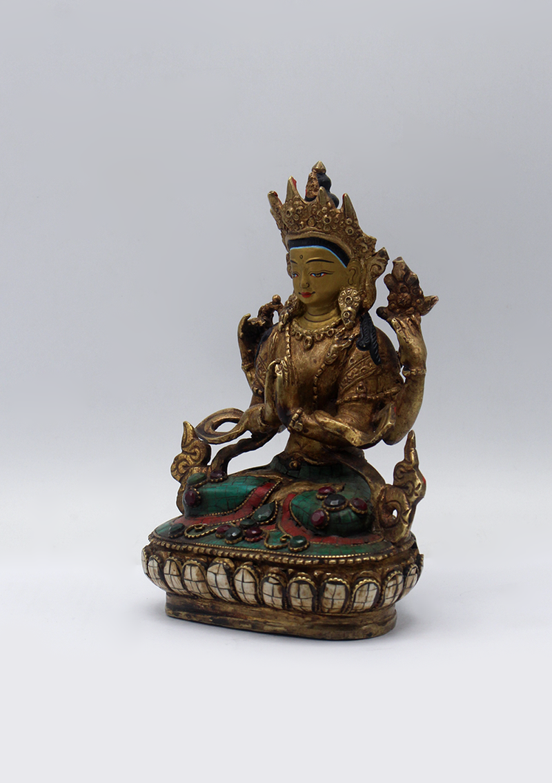Stone Inlaid Copper Chenrezig Statue 6"H (2)