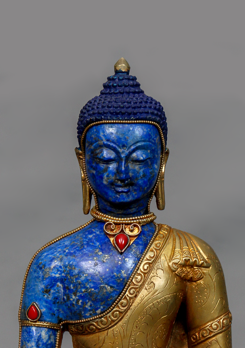 Lapis Lazuli Gold Plated Shakyamuni Buddha Statue 9"H