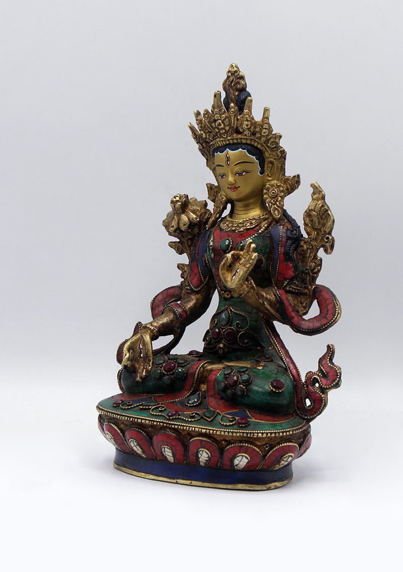 Stone Inlaid Copper White Tara Statue 9"H