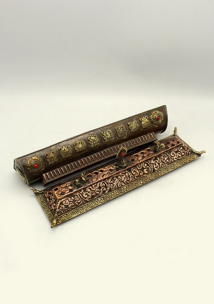 Coral Inlaid Tibetan Incense Burner with 8 Auspicious Symbols