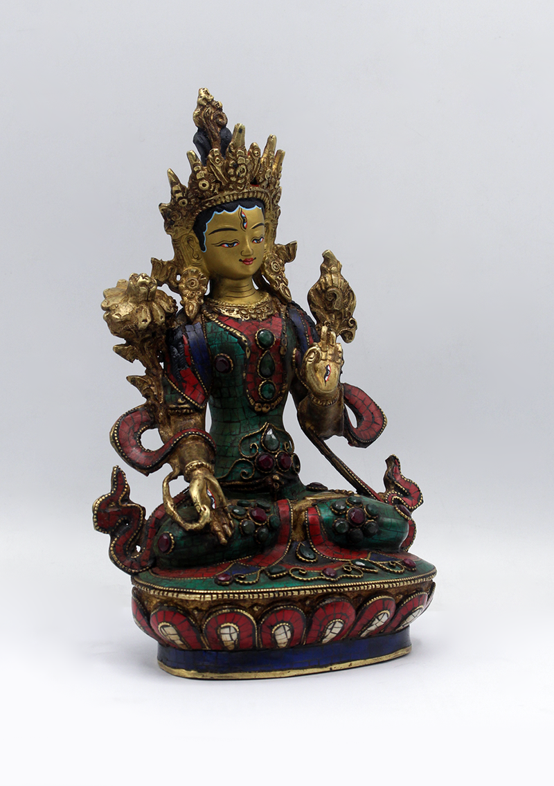 Stone Inlaid Copper White Tara Statue 9"H