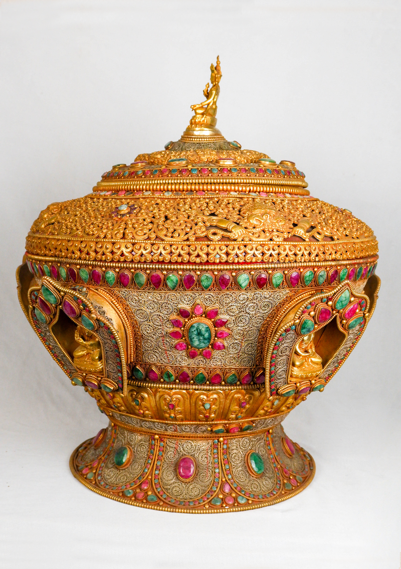 Golden Elegance: Multistone Inlaid Offering Bowl with Pancha Buddha in Gold Plating