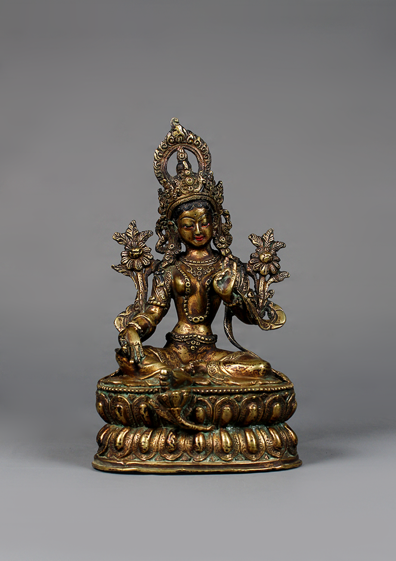 Antique Style  Gilted Green Tara Statue 8.5"