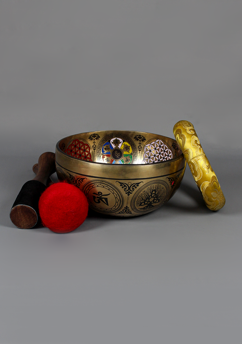 Om Mani Padme Hum Mandala Painted  Singing Bowl 8"
