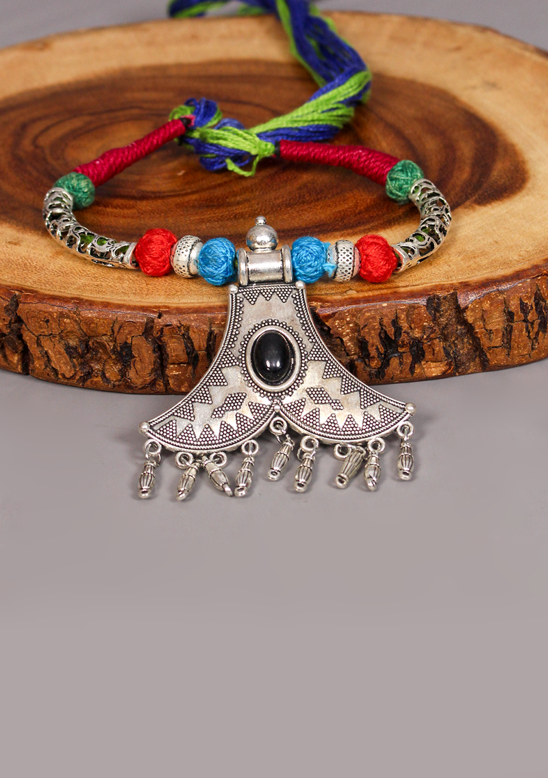 Elegant White Metal Tribal Style Pendant with Stone from Nepal