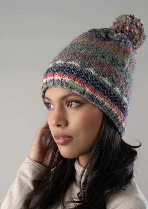 Woolen  Grey Multicolored Sherpa Pom Pom Beanie