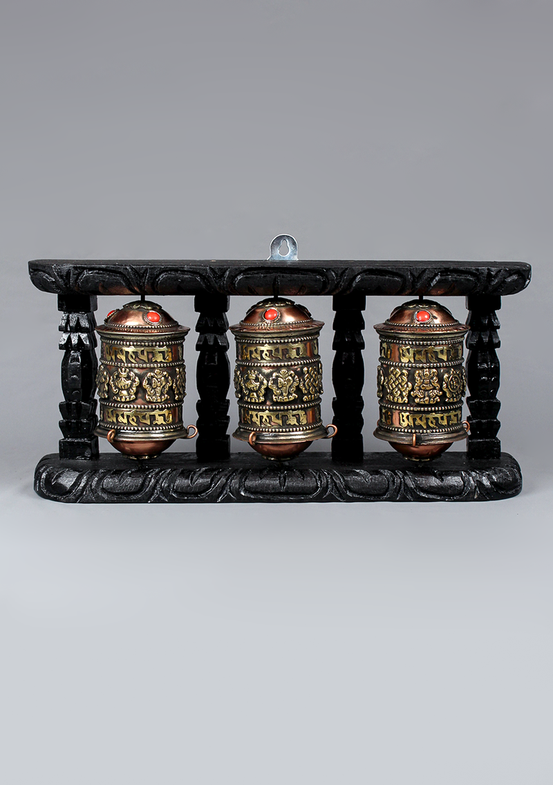 8 Auspicious Symbol 3-in-1 Prayer Wheel Wooden Frame Hanging