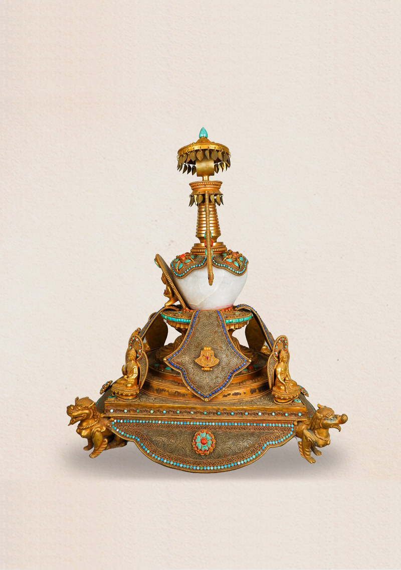 Lionhearted Illumination Five Buddha Stupa with Crystal Bowl and Turquoise Adornments on Majestic Lions