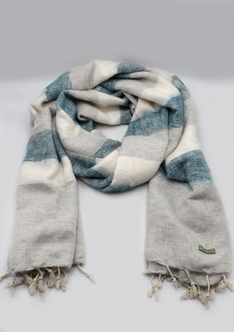 Hand-loomed Beige Blue  Yak Wool Blanket