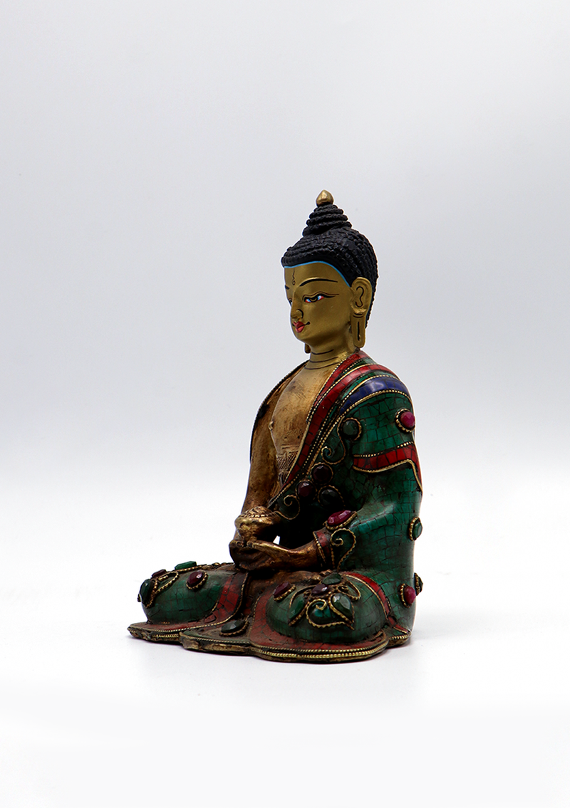 Stone Inlaid Amitabha Buddha Statue 6.5"H