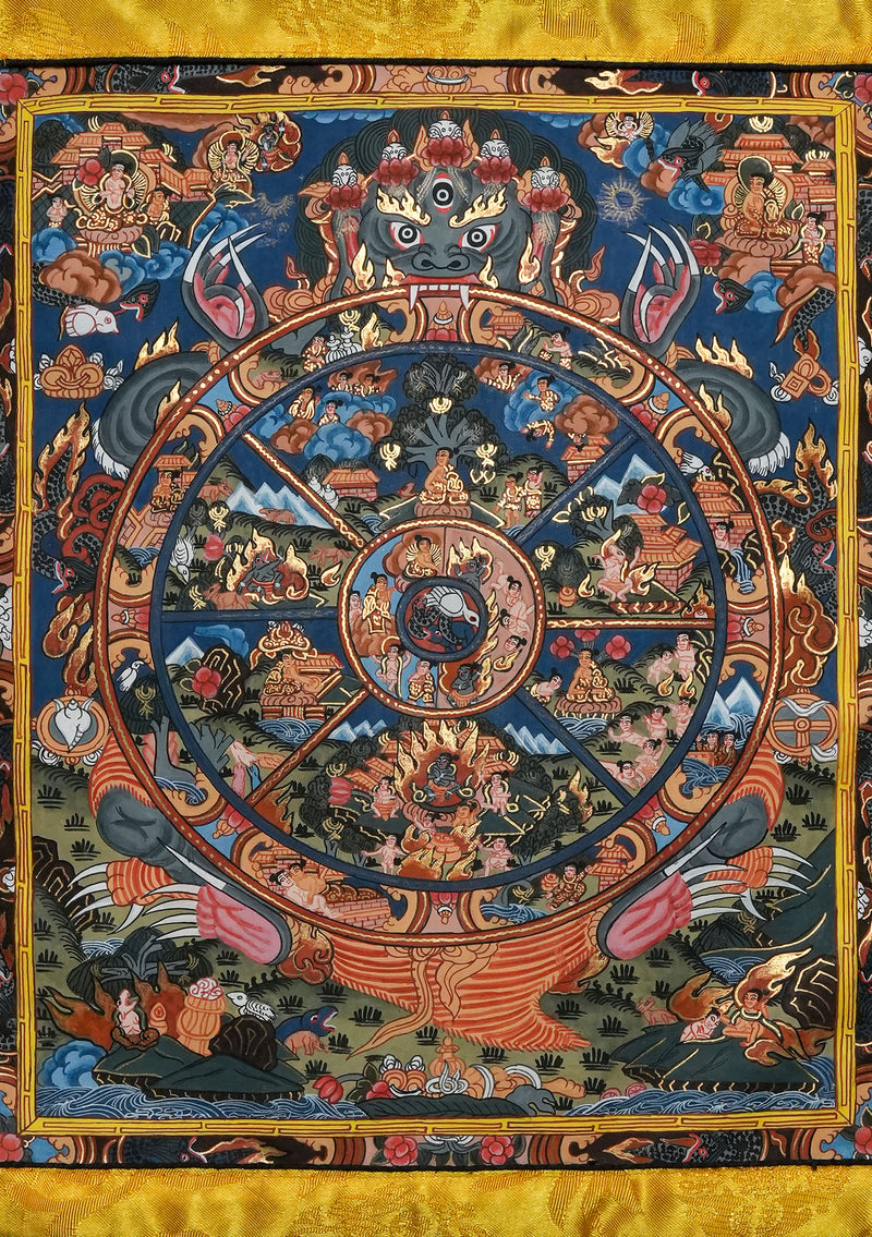 Wheel of Life Thangka Painting with Brocade Medium Size