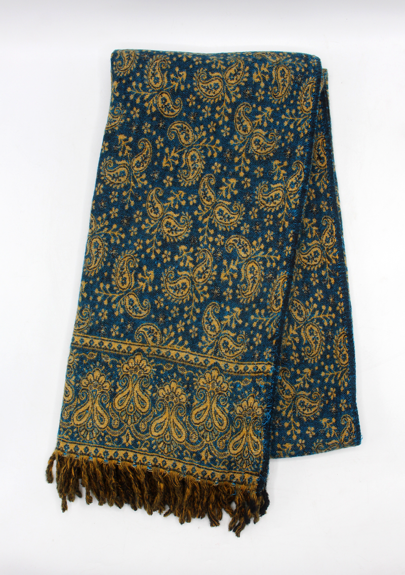 Hand loomed Flower Design Blue Woolen Shawl