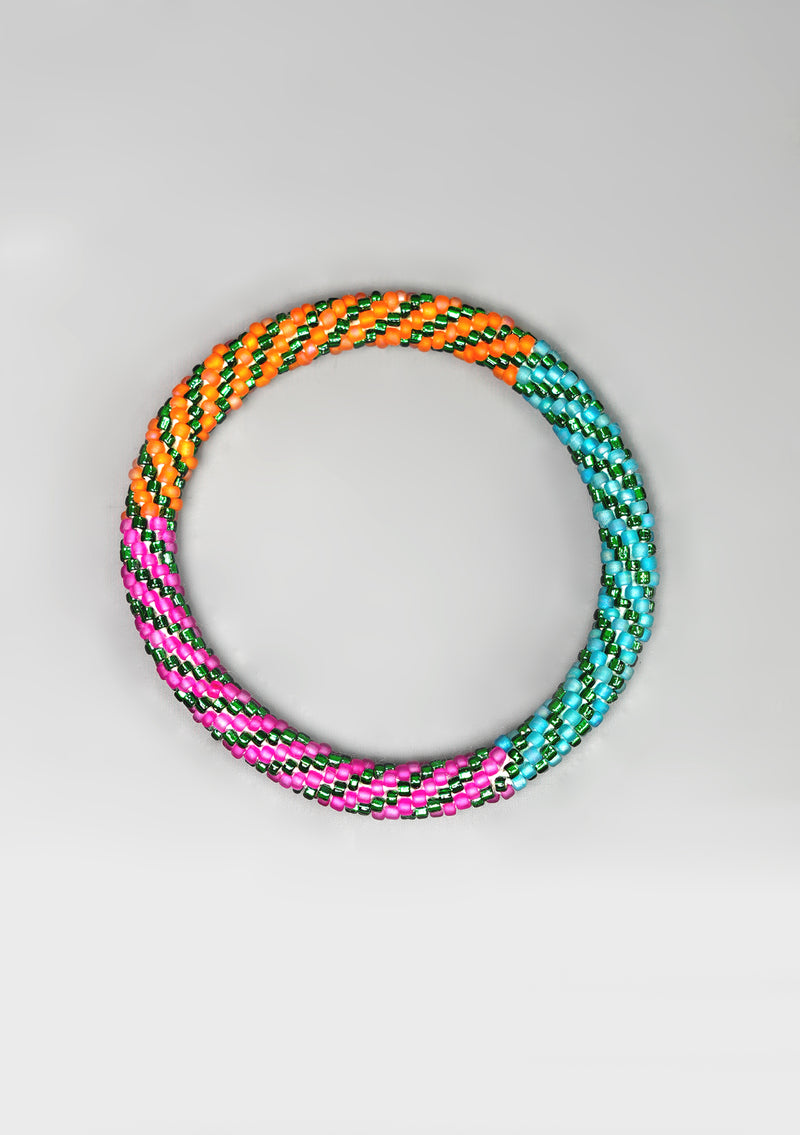 Orange, Pink and Green Mixed Nepalese Roll Beads Bracelet