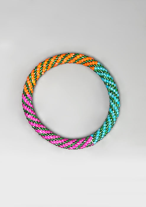Orange, Pink and Green Mixed Nepalese Roll Beads Bracelet
