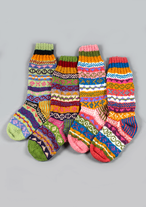 Handknitted Green and Pink Multicolor Woolen Knee High Socks