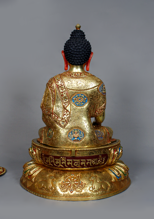 8 Auspicious Symbol Engraved Masterpiece 24K Shakyamuni Buddha Statue 1.7 feet high